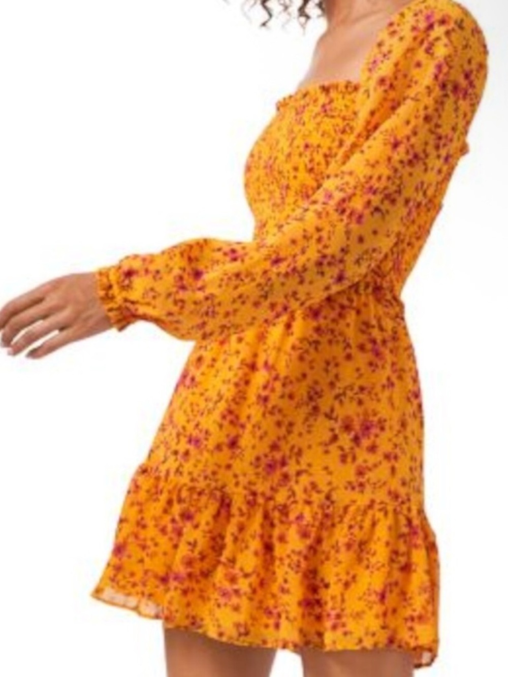 1. STATE Yellow-Orange Floral Square Neck Spring Summer Flirty Mini Dress